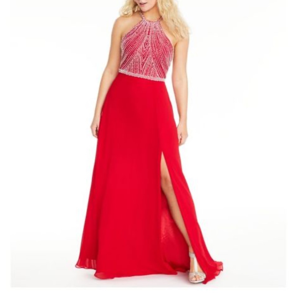 Red halter Beaded Prom Dress
